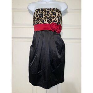 Strapless Leopard Print & Black Dress With Red Satin Rosette Waist Detail
